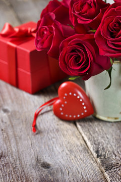 valentine decoration with a red heart, red roses