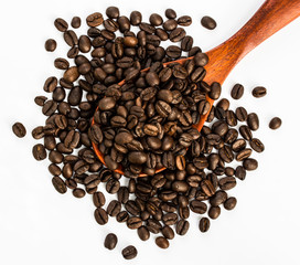 coffee beans on wood spoon, white background