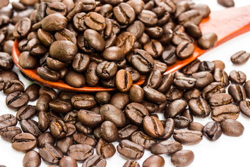 coffee beans on wood spoon, white background