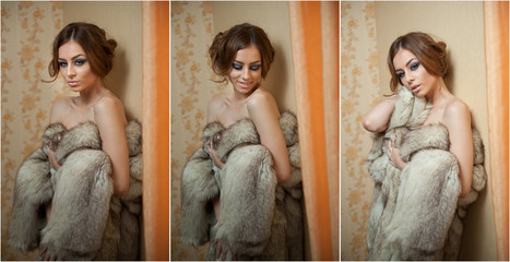 Attractive sexy young woman wearing a fur coat posing 