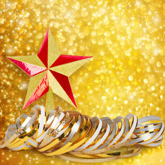 Gold paper horizontal ribbon and Christmas star on abstract snow