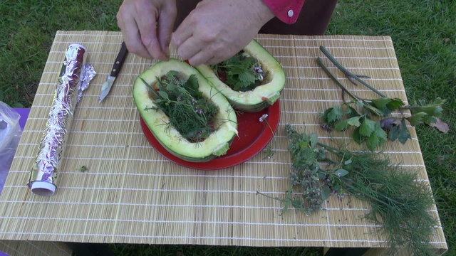 preparing zucchini for cooking in summer garden