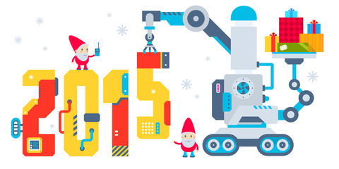 Vector horizontal illustration of the gnome operates the machine