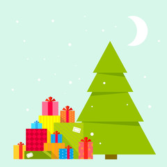 Vector illustration of the Christmas tree and piles of presents