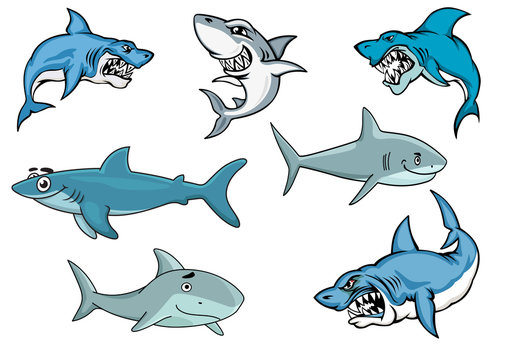 Cartoon sharks with various expressions