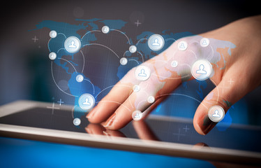Hand touching tablet pc, social network concept