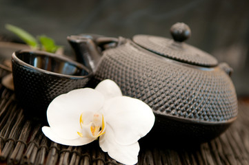 Black iron asian teapot with orchid