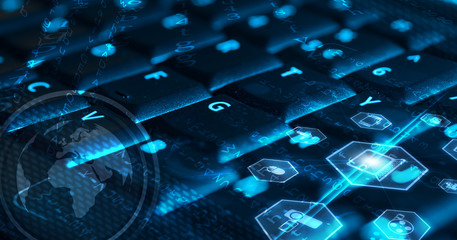 Keyboard with glowing multimedia icons