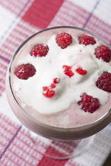Cocktail of and fresh raspberries with yogurt and ice cream.