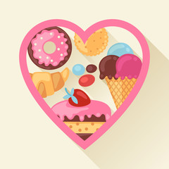 Heart background with colorful candy, sweets and cakes.