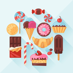 Set of colorful various candy, sweets and cakes.