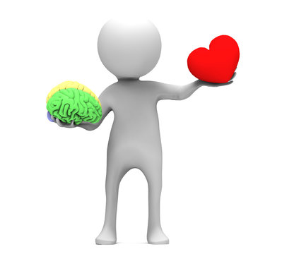 3d man with heart and brain in hands