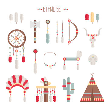 Vector colorful ethnic set with dream catcher, feathers, arrows