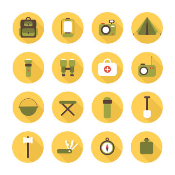 Set of flat colorful vector camping equipment symbols and icons