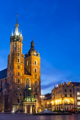 St. Mary's Church at night in Krakow, Poland.