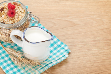 Healty breakfast with muesli, berries and milk