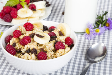 granola with fruits and bottle of fresh milk