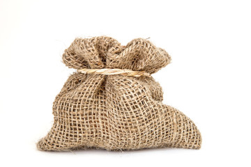 Fototapeta na wymiar Brown small burlap bag with rope on white background