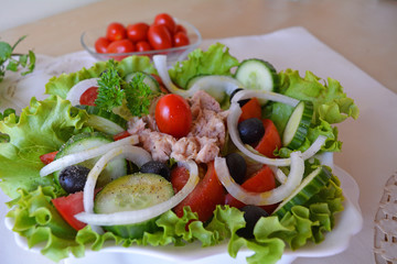 Mixed vegetable salad with tuna and olive oil