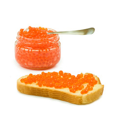 bread with red caviar and a jar with red caviar