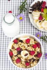 granola with fruits and bottle of fresh milk
