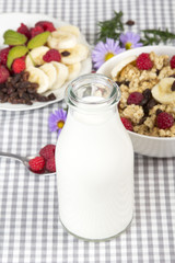 bottle of fresh milk and granola with fruits