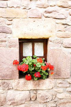 ventana con visillos y flores en pared de piedra.