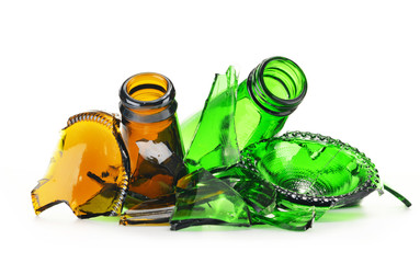 Pieces of broken glass over white background. Recycling