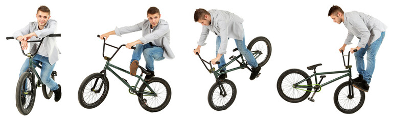 Bicycle collage. Boy on BMX bike isolated on white