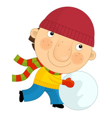 Cartoon happy and funny child - isolated - winter clothes - kid is building a snowman - illustration for children