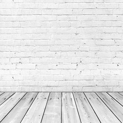 White brick wall and wooden floor, abstract interior background