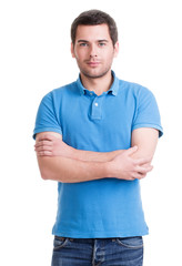 Portrait of smiling happy handsome man in blue t-shirt.