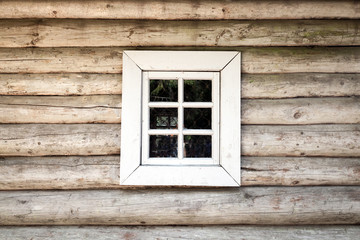 Old wooden house wall with small window, background texture
