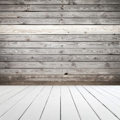 Abstract wooden interior, white floor and wall