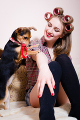 Pinup woman and her little dog