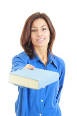 Young woman offering or giving book