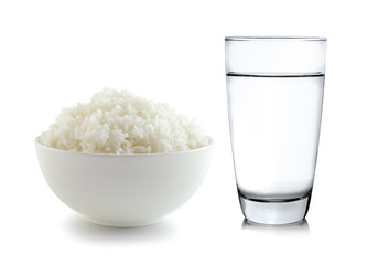 Rice in a bowl and Glass of water on a white background