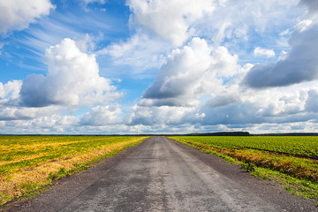 Empty asphalt country road perspective with dramatic cloudy sky