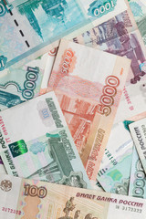 Fototapeta na wymiar Russian money background. Rubles banknotes closeup photo texture