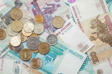 Russian money background. Rubles banknotes and coins