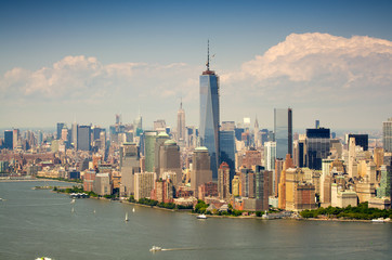 Cityscape view of Lower Manhattan as seen from helicopter, New Y