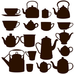 Editable Monochrome Silhouette Vector Illustration Icon of The Traditional Coffee and Tea Cups and Pots