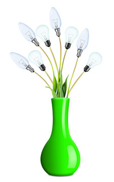 Light bulbs on plant in green vase