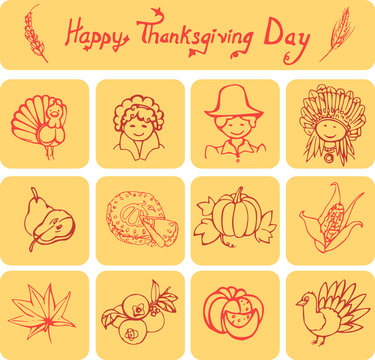 Set of 12 icons and a simple linear header on Thanksgiving