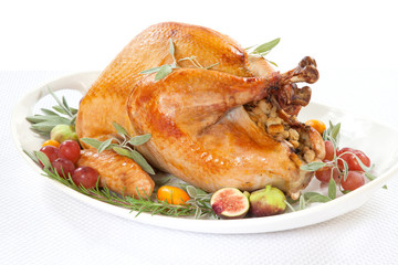 Roasted Turkey on tray over white