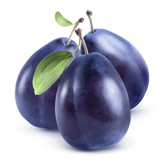 Three blue plums group isolated on white background