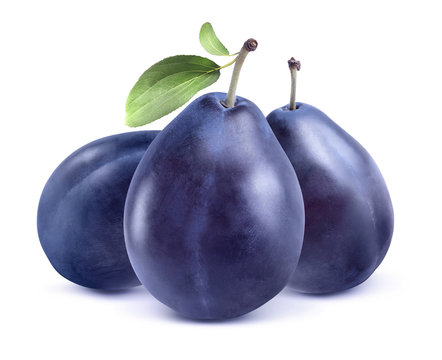 Three blue plums isolated on white background