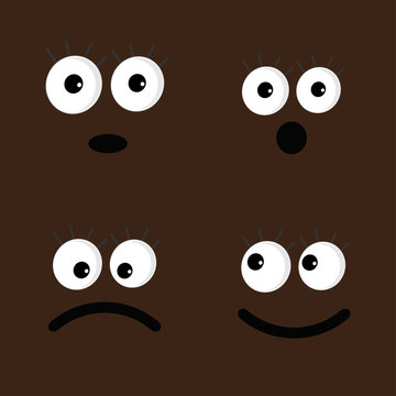 Set of cute funny face emotions in the dark. Flat 