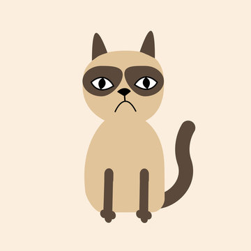 Cute sad cranky siamese cat in flat design style.