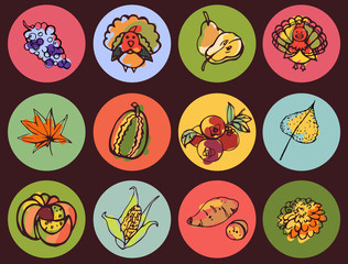Bright round icons Thanksgiving in style color sketch